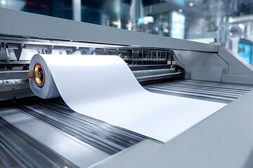 Industrial printing machine feeding a large white paper roll, moving through rollers in a modern manufacturing facility, illustrating efficiency and high volume production processes