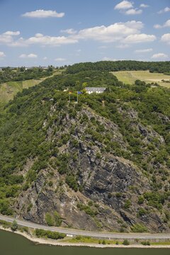 Panorama from Loreleyblick Maria Ruh on the Loreley rock, World Heritage Site Upper Middle Rhine Valley, St. Goarshausen, Rhineland-Palatinate, Germany