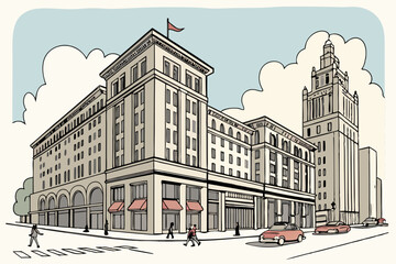 Flat cartoon-style city street with building facades. Perfect for town planning, skyline concepts, and architectural visuals.