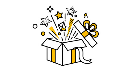 Unboxing joy with vibrant stars and confetti exploding from a gift box, celebrating a special occasion with playful and cheerful design elements