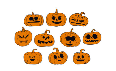 Halloween carved pumpkins hand drawn illustrations, cute funny jack o lanterns