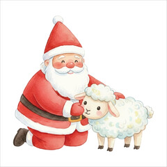 Santa with Sheep in Snow Watercolor Vector Illustration on White Background
