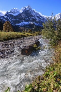 Wild river in front of snow-covered mountains, autumn, maple trees, sunny, Engalm, Gro&szlig;er Ahornboden, Karwendel Mountains, Tyrol, Austria
