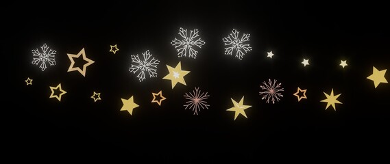Beautiful festive background with golden stars and snowflakes. Perfect for Christmas, New Year, winter holidays.