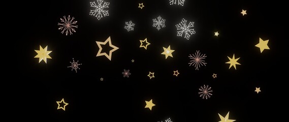 Beautiful winter background with golden stars and snowflakes on a black background. Perfect for Christmas and New Year's designs.