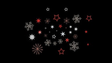 Festive winter background with red and white stars and snowflakes on a black background. Perfect for Christmas and New Year designs.