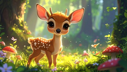 Animated fawn in a vibrant forest setting with large eyes and spots