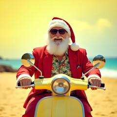 Christmas Santa on scooter at sunny tropical beach