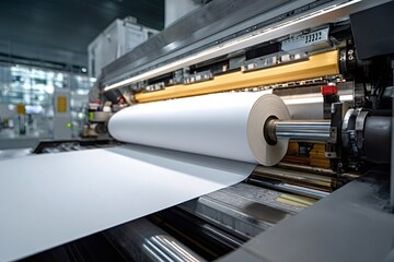 Industrial printing machine unwinding a large white paper roll during manufacturing process in a modern factory setting, symbolizing technology, production, and efficiency