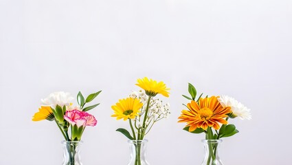Three small bouquets of colorful wildflowers in clear glass vases against a white background