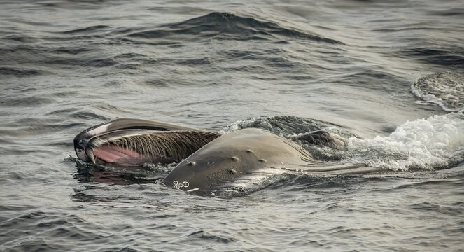 Humpback whale (Megaptera novaeangliae) feeding at the sea surface, Barents Sea, Northeast Iceland, Svalbard and Jan Mayen archipelago, Norway