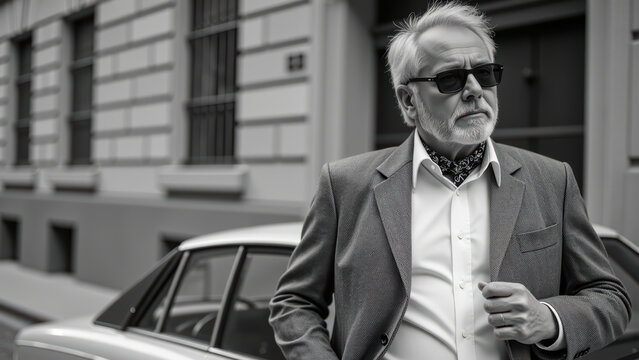 Elegant man in stylish attire stands confidently beside classic car, exuding sophistication and charm in city setting