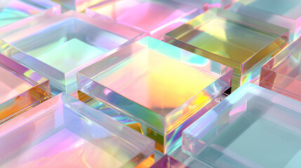 Pastel light 3d background with glass holographic transparent square plate shapes render. Abstract geometric block pattern with rainbow color gradient. Futuristic digital tech banner. 3D illustration 