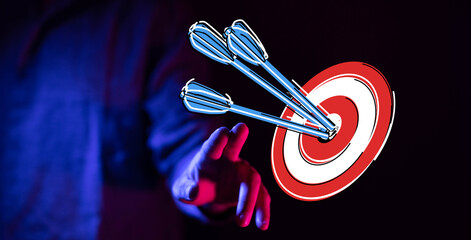 Hand reaching towards a target with arrows, symbolizing success, achievement, and goal-oriented....