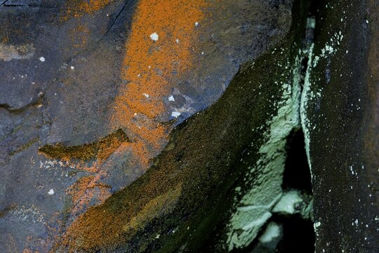 Rock covered with orange and green lichen, Mykines, &Uacute;toyggjar, Faroe Islands, Denmark