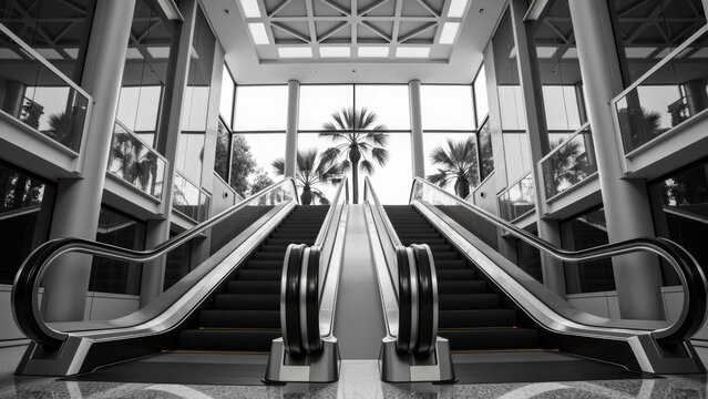 Modern escalators lead to bright atrium filled with palm trees, showcasing sleek architectural design