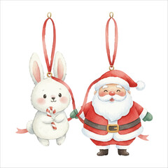 Santa and Rabbit Decorating Tree Watercolor Vector Illustration on White Background
