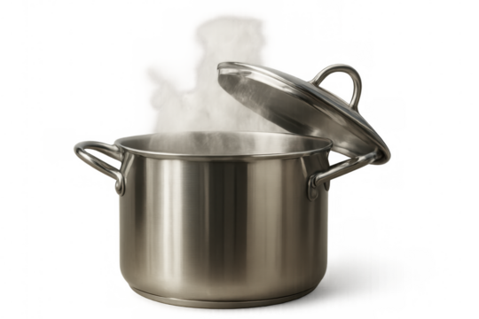 Stainless steel pot with lid open, steam escaping from boiling water, cooking preparation, transparent background