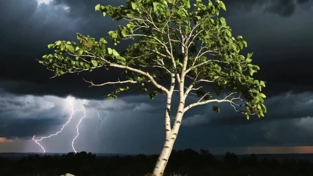 Deciduous tree with white bark set against a dramatic, dark thunderstorm and visible lightning strikes