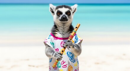 Obraz premium Lemur on the beach playing flute with a colorful shirt.