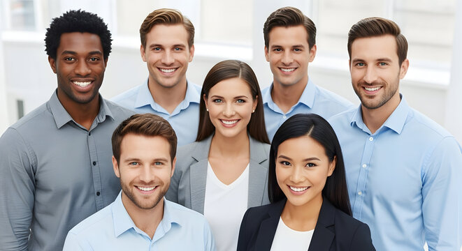 Diverse group of smiling professionals in a business meeting, showcasing teamwork and collaboration in a corporate setting