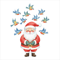 Santa Feeding Birds Watercolor Vector Illustration on White Background
