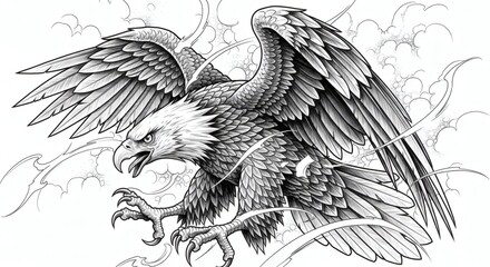Obraz premium Aggressive Bald Eagle Diving Grayscale Tattoo Vector