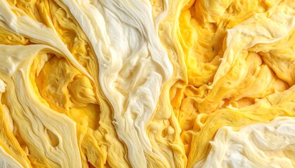 An abstract, high-angle shot showcases a textured blend of yellows and off-whites with flowing, organic forms and subtle shadows