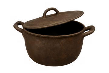 Vintage cast iron cauldron with lid partially open, cooking pot for traditional cuisine and magic concepts