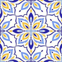 Fototapeta premium Mediterranean seamless pattern. Tile in blue yellow colors and white background. Mosaic design. Sicilian, Portuguese, Italian, Spanish motifs. Floral ornament. Print for ceramic, textile. Vector