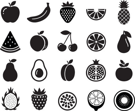 Collection of silhouette icons includes apple, banana, strawberry, watermelon, orange, pineapple, peach, cherries, pear, avocado, plum, pomegranate, dragon fruit, raspberry and kiwi. 