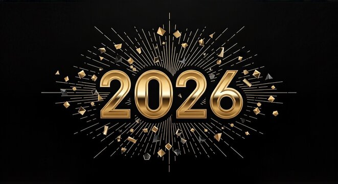 A dazzling golden '2026' numeral set against a black background with radiating lines and scattered geometric shapes. - Powered by Adobe