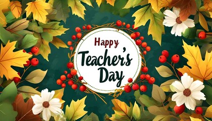 A festive greeting for Teacher's Day, surrounded by autumn foliage and floral elements.