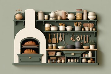 Rustic kitchen shelves with bread and utensils in cozy farmhouse style