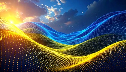 Abstract digital art depicts rolling hills in yellow and blue, resembling a flag, under a partly cloudy sky with a bright, setting sun