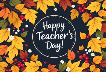 A festive "Happy Teacher's Day" graphic with colorful autumn leaves and berries arranged around a central circular text area.