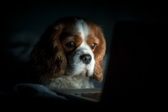 Cute puppy at the desk: a night of fearful browsing. Data channel growth. Modern data transmission opens new paths for global communication. Puppy indoors. Connected digital future.