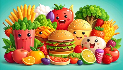 Animated happy fast food and fresh fruits and vegetables