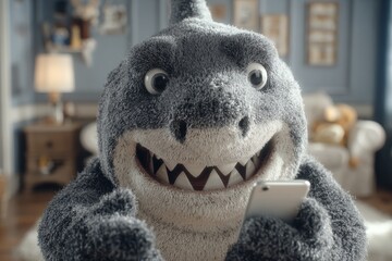 Exuberant shark enjoys smartphone in sunlit room. Shark excitement. From wallets to wreckage: how crypto traps the unprepared. Morning room. Crypto profit methods.