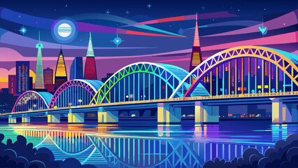 Obraz premium Very beautiful Hernando De Soto Bridge glowing over the Mississippi River at night, with colorful lights illuminating the skyline of Memphis and reflecting on the calm water. 