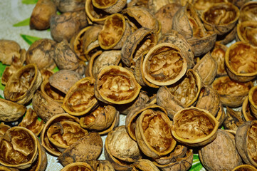 Close-up of walnut shells, halves