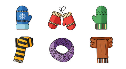 Colorful winter accessories: mittens and scarves collection in flat design