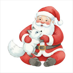 Santa with Snow Fox Watercolor Vector Illustration on White Background
