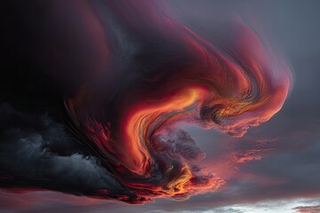 Dramatic sky swirling, fiery clouds illuminated by sunset glow