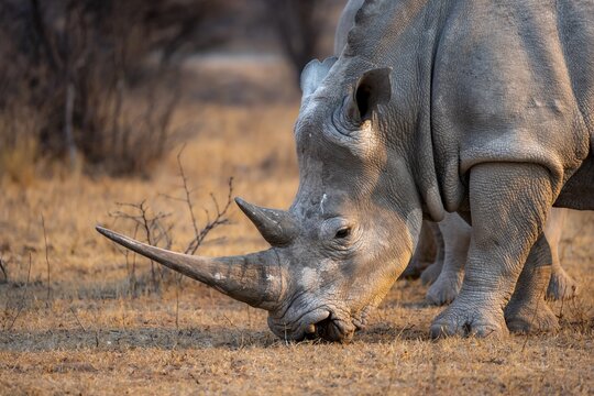 Southern white rhinoceros (Ceratotherium simum simum), rhino grazing in the evening light, animal portrait, Khama Rhino Sanctuary, Serowe, Botswana