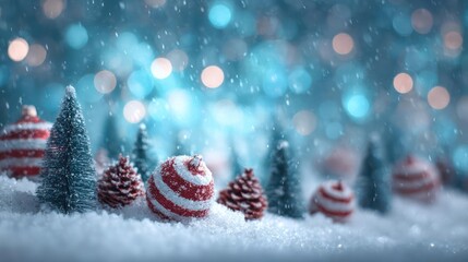 Magical winter wonderland scene with festive christmas trees pinecones and ornaments covered in soft snow and bokeh lights