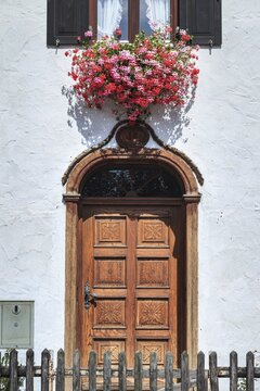 Front door, wood, traditional, farmhouse, flowers, Bavarian, Schlehdorf, Bavaria, Germany