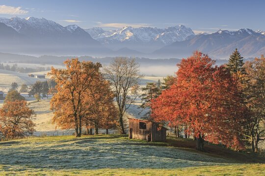 Morning fog, autumn colours, mountains, autumn, haze, Aidling, view of Zugspitze, Alpine foothills, Bavaria, Germany