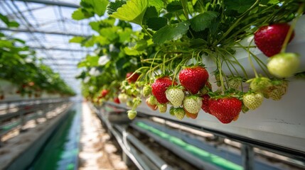 Rows of strawberries growing in a greenhouse with many leaves and red, unripe berries