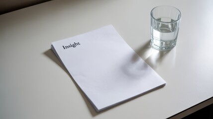 Private healthcare consultation session concept. Blank paper and a glass of water on a minimalist table surface.